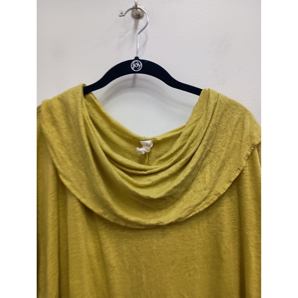 Chalet Linen Blend Lagenlook Top Womens Large Yellow Cowl Neck Short Sleeve - Picture 2 of 7